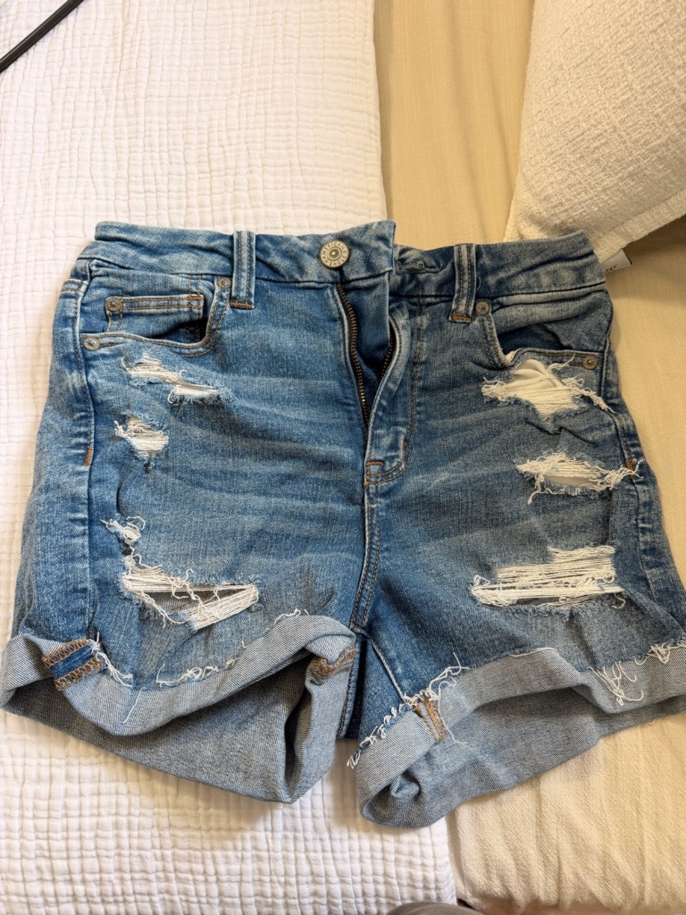 American Eagle Outfitters Distressed Roll-Hem Denim Shorts - Blue